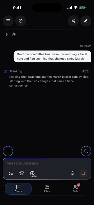 A live chat with Justinian thinking, then the sidebar slides in with prior chats.